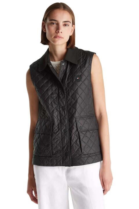 Kadın Slim Fit Kapitone Gömlek Yaka Yelek - Siyah 