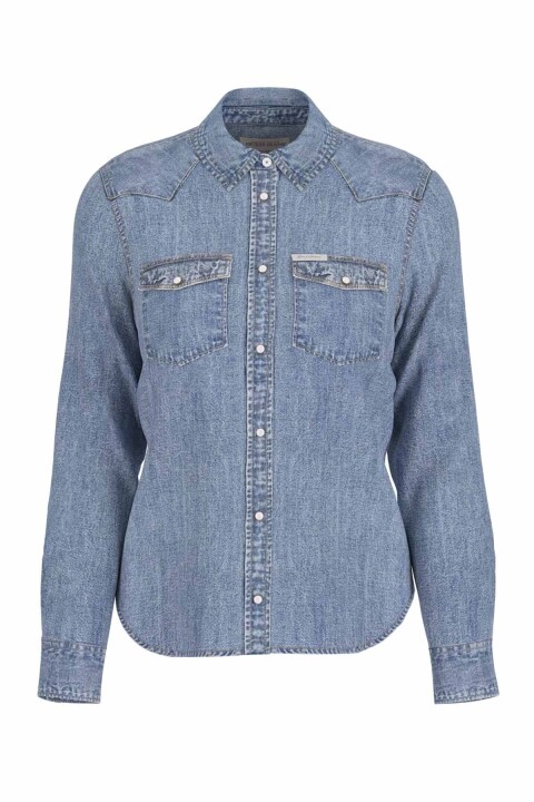 Kadın Slim Fit Uzun Kollu Denim Gömlek - Mavi 