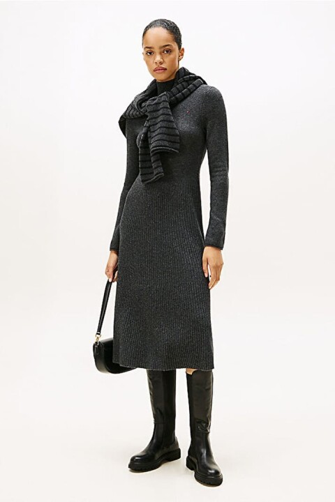 Kadın Soft Wool Regular Fit Yarım Balıkçı Yaka Midi Elbise - Antrasit 