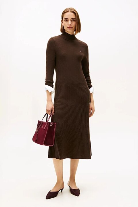 Kadın Soft Wool Regular Fit Yarım Balıkçı Yaka Midi Elbise - Kahverengi 