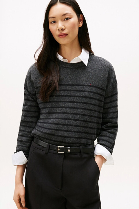 Kadın Soft Wool Relaxed Fit Bisiklet Yaka Çizgili Yün Kazak - Koyu Gri 