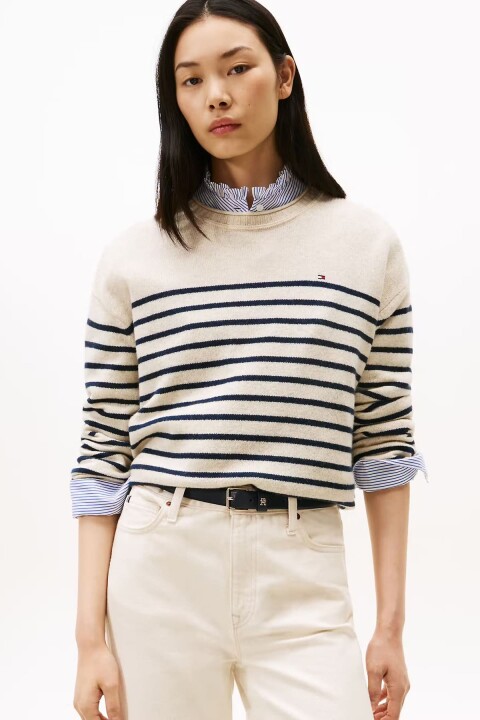 Kadın Soft Wool Relaxed Fit Düşük Omuz Çizgili Kazak - Bej/Lacivert 