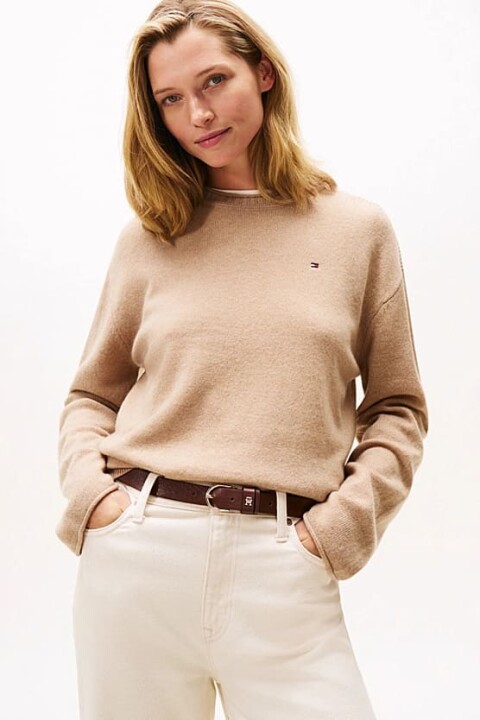 Kadın Soft Wool Relaxed Fit Düşük Omuz Kazak - Bej 