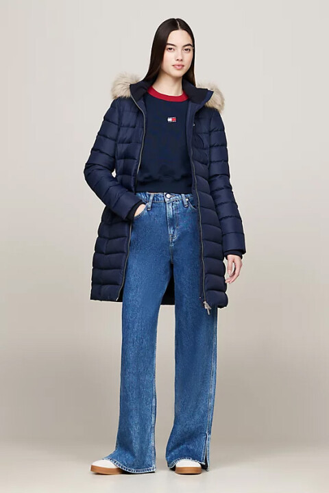 Kadın Suni Kürklü Kapşonlu Kaban - Mavi 