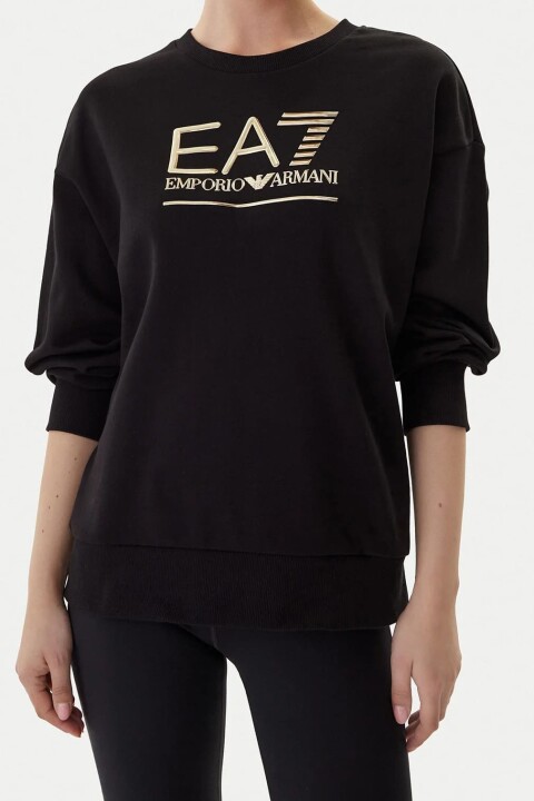 Kadın Tam Kalıp Bisiklet Yaka Metalik Logolu Sweatshirt - Siyah/Altın 