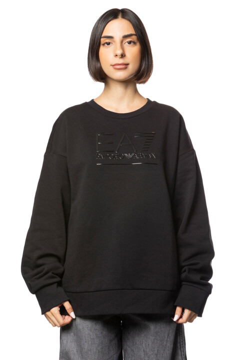 Kadın Tam Kalıp Bisiklet Yaka Tonal Logolu Sweatshirt - Siyah 