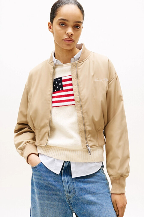 Kadın Tam Kalıp Cropped Fermuarlı Bomber Ceket - Bej 