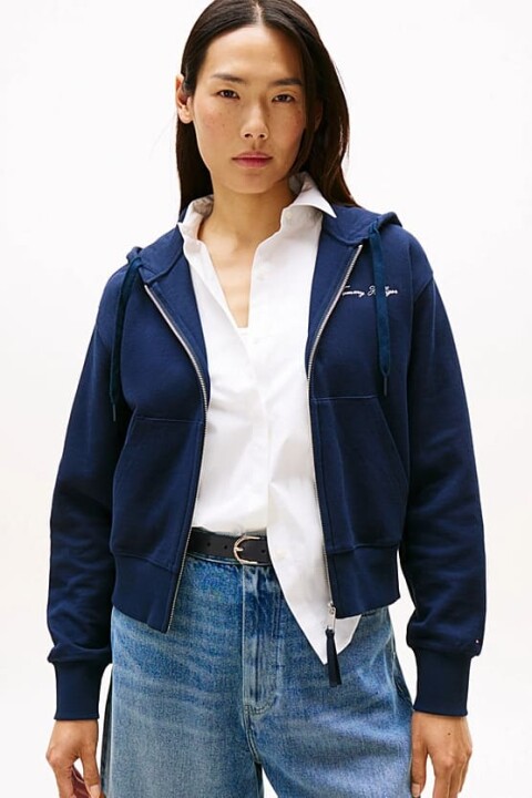 Kadın Tam Kalıp Fermuarlı Kapüşonlu Pike Sweatshirt - Lacivert 