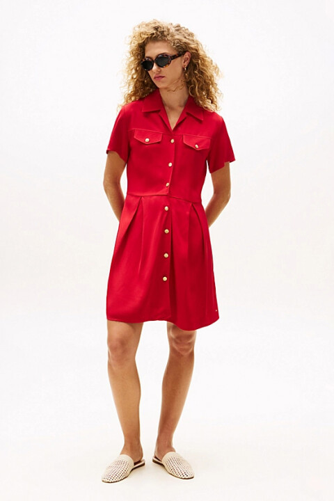 Kadın Tam Kalıp Gömlek Yaka Pli Detaylı Mini Elbise - Kırmızı 