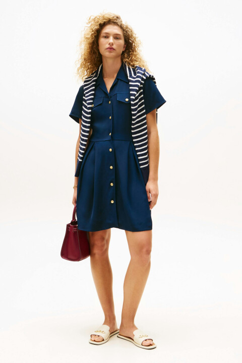 Kadın Tam Kalıp Gömlek Yaka Pli Detaylı Mini Elbise - Lacivert 