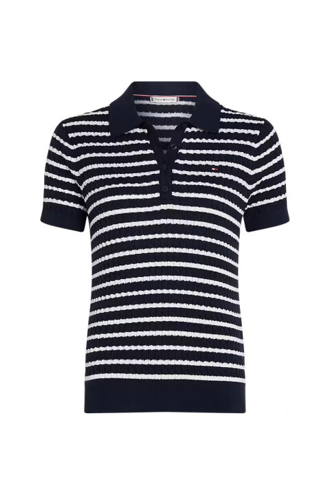 Kadın Tam Kalıp Polo Yaka Çizgili Saç Örgüsü Triko - Lacivert/Beyaz 