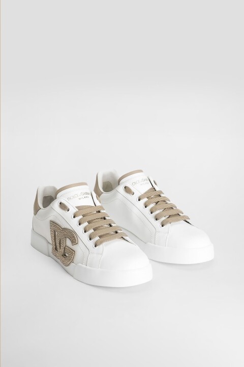 Kadın Taş İşlemeli Aplike Logolu Deri Sneakers - Beyaz/Vizon 