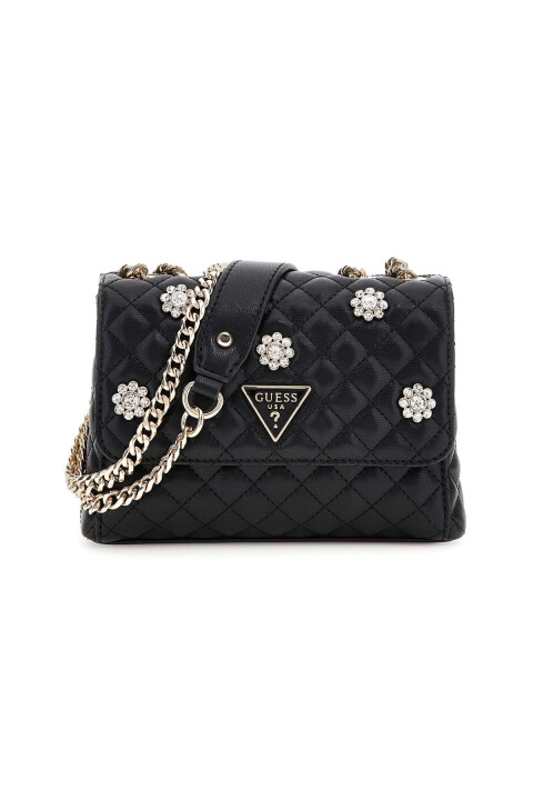 Kadın Taşlı Çiçek Aplikeli Kapitone Omuz Çantası - Siyah 