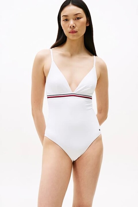 Kadın Th Global Stripe Derin Yaka Tek Parça Mayo - Beyaz 