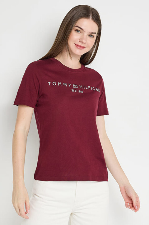 Kadın Th Logo Yazı T-Shirt - Bordo 