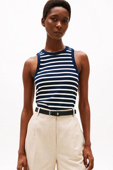 Kadın Th Ribbed Kolsuz Çizgili T-Shirt - Lacivert 