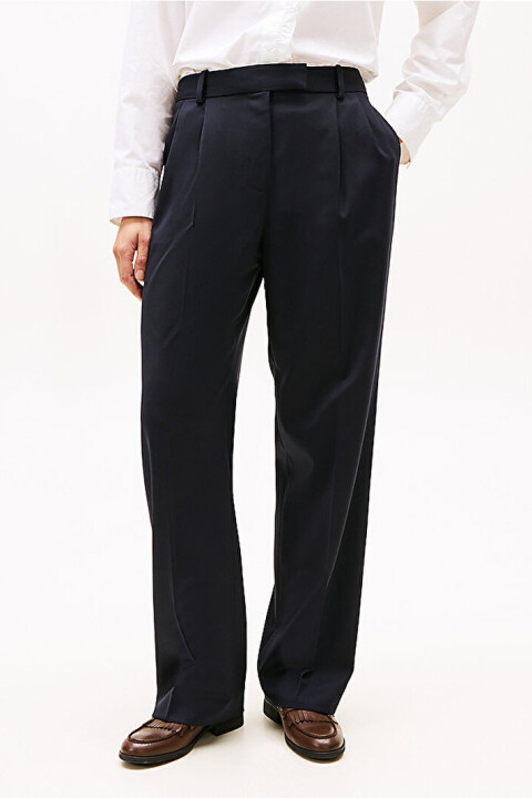 Kadın Timeless Wool Wide Leg Pileli Yün Karışımlı Pantolon - Lacivert 