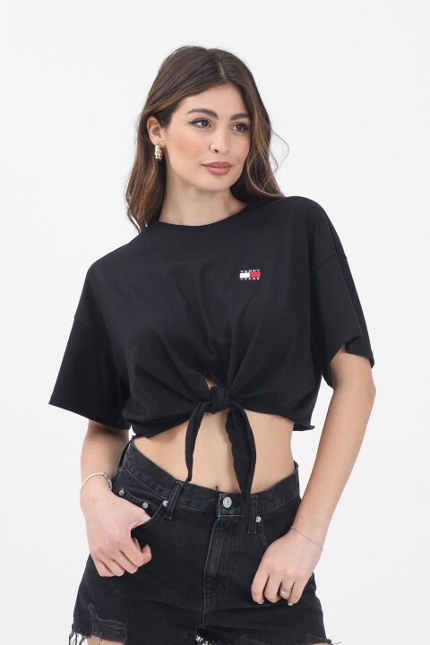 Kadın Tjw Rozetli Kırpılmış Düğümlü T-Shirt - Siyah 