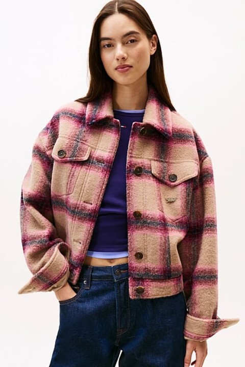 Kadın Trucker Tam Kalıp Ekose Desenli Ceket - Pembe 