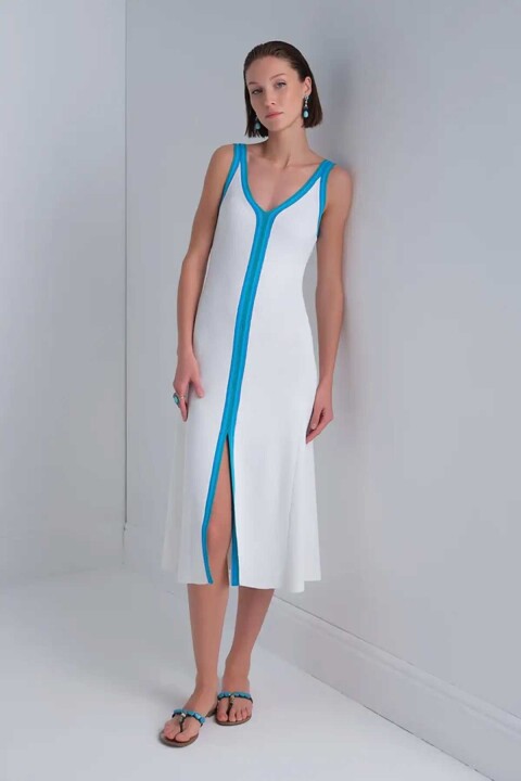 Kadın Turkuaz Şerit Detaylı Çan Elbise - Ekru 