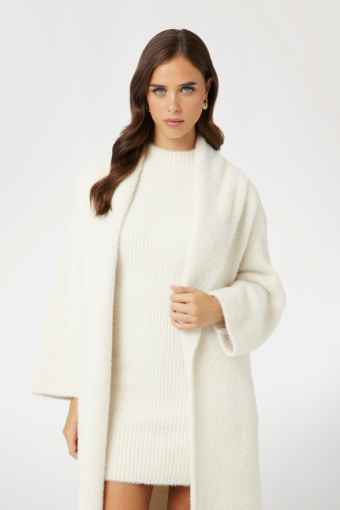 Kadın Tüylü İplikten Relaxed Hırka - Beyaz 