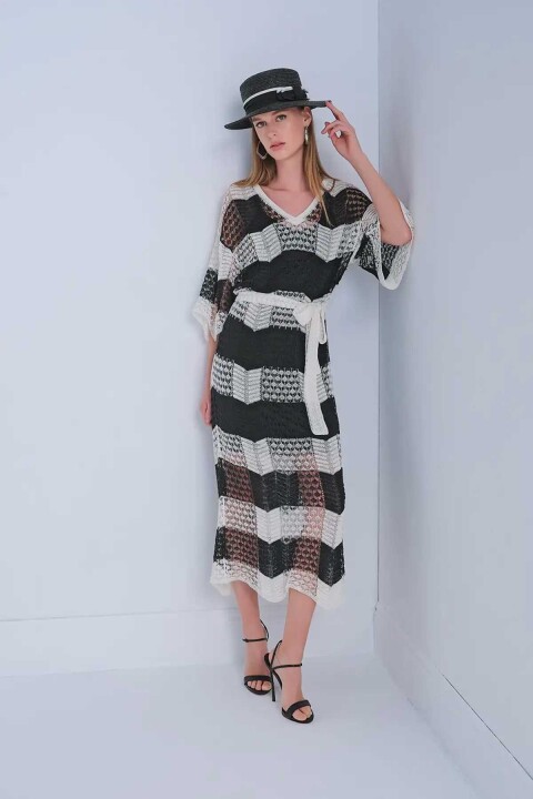 Kadın V Yaka Astarlı Kuşaklı Elbise - Mix 