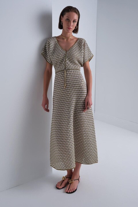 Kadın V Yaka Beli Lastikli Midi Elbise - Bej 