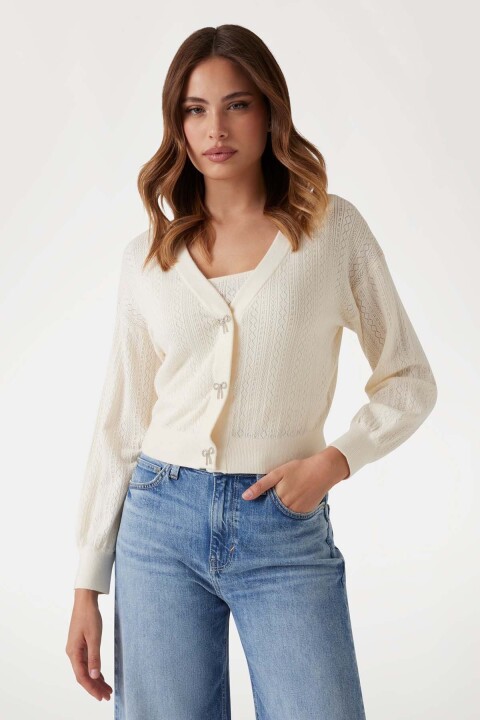 Kadın V Yaka İnce Triko Hırka - Ekru 