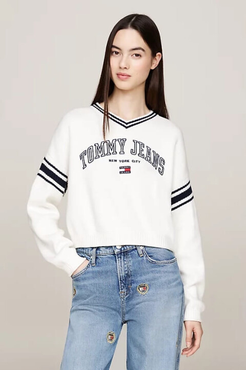 Kadın Varsity V Yaka Kısa Kazak - Beyaz 