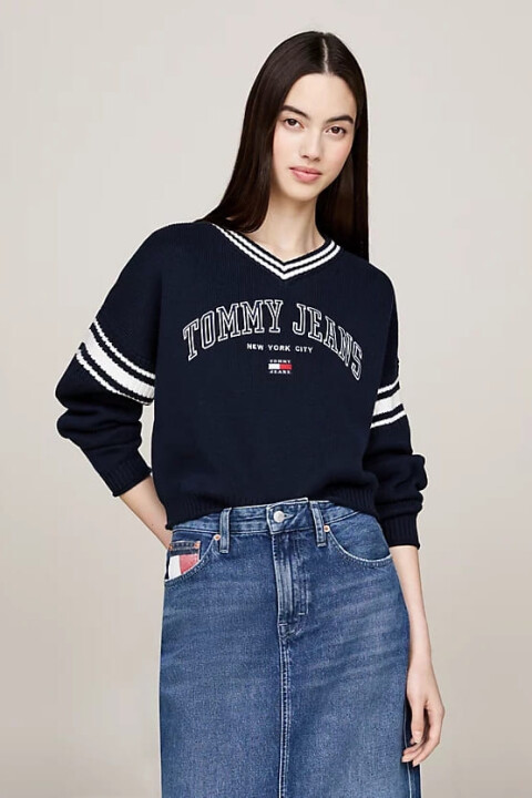 Kadın Varsity V Yaka Kısa Kazak - Lacivert 