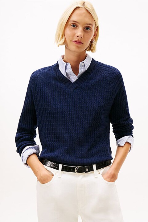 Kadın Wool Cash Cable Kazak - Lacivert 