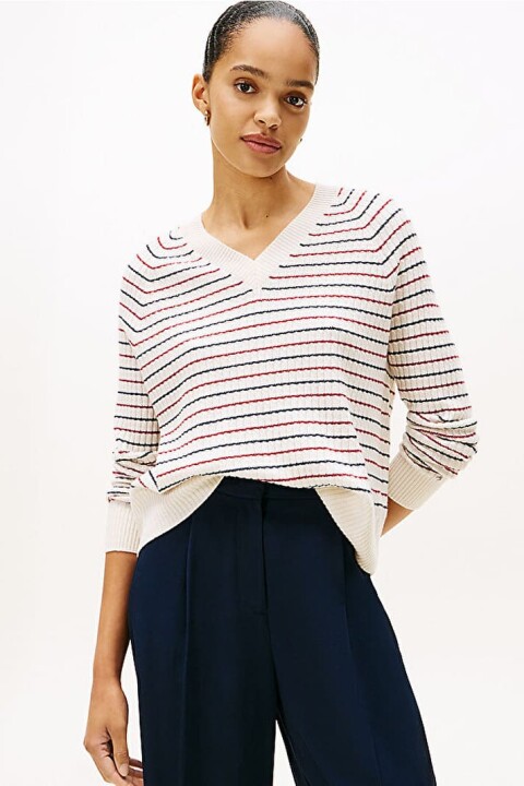 Kadın Wool Cash Regular Fit V-Yaka Saç Örgülü Çizgili Kazak - Kırık Beyaz/Çok Renkli 