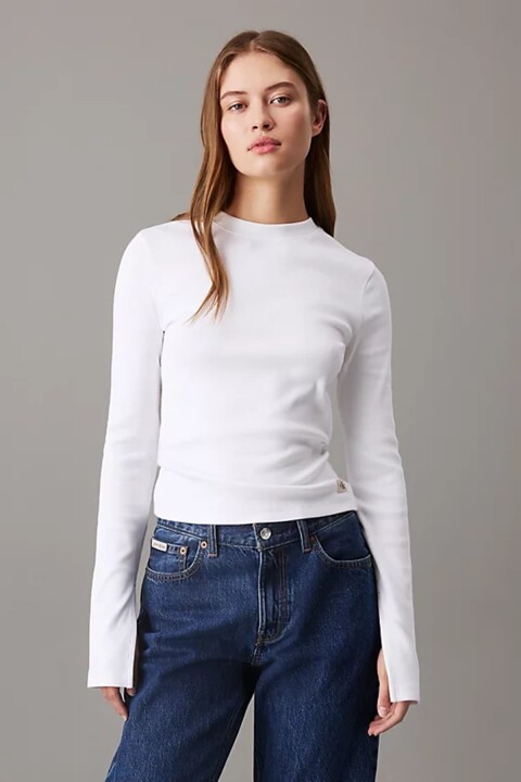 Kadın Woven Label İnce Pamuklu Kazak - Beyaz 