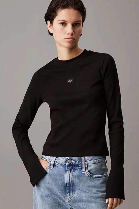 Kadın Woven Label İnce Pamuklu Kazak - Siyah 