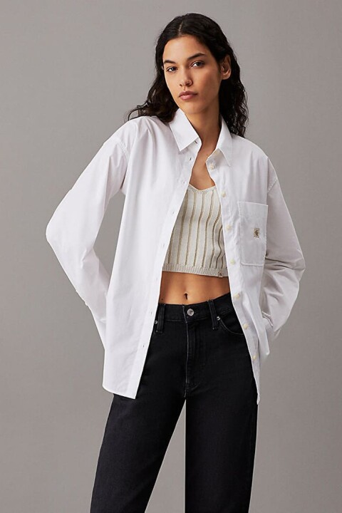 Kadın Woven Label Relaxed Gömlek - Beyaz 