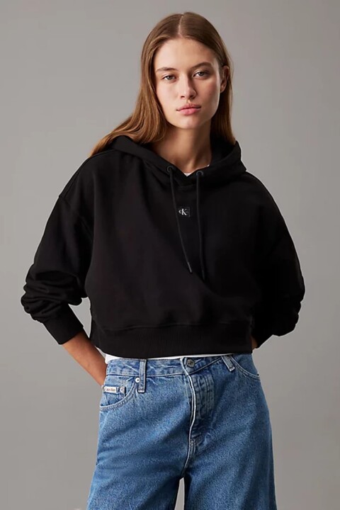 Kadın Woven Pamuklu Kapüşonlu Sweatshirt - Siyah 