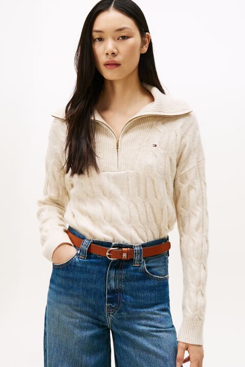 Kadın Yarım Fermuarlı Saç Örgülü Yün Triko Kazak - Krem 