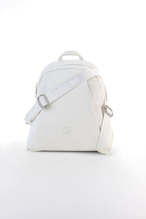 Kadın Yazı Şeritli Askılı Dokulu Sırt Çantası - Beyaz 