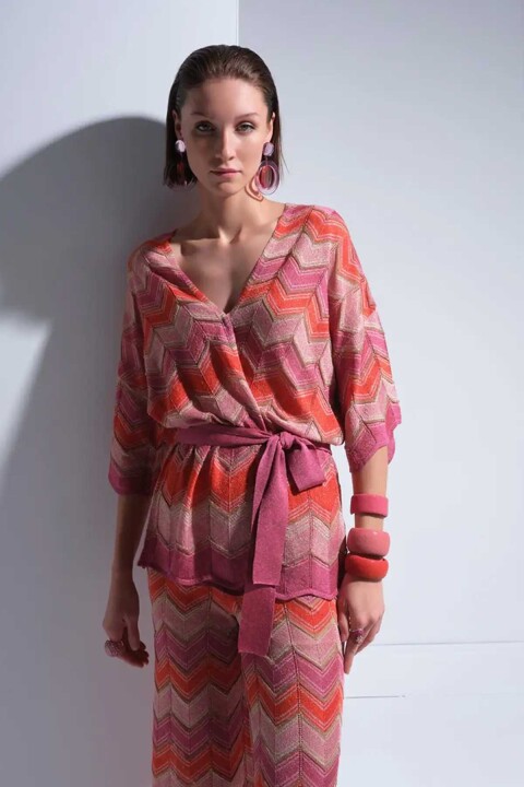 Kadın Zikzak Desenli Beli Kemerli Simli Multi Hırka - Mix 