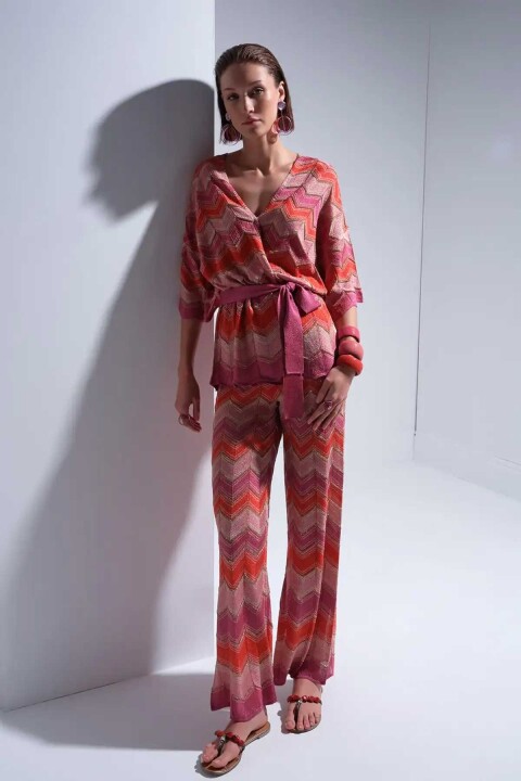 Kadın Zikzak Desenli Beli Lastikli Simli Pantolon - Mix 