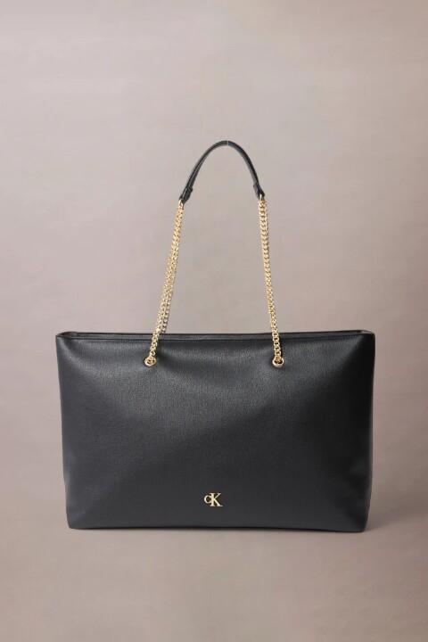Kadın Zincir Askılı Minimalist Monogramlı Tote Çanta - Siyah 
