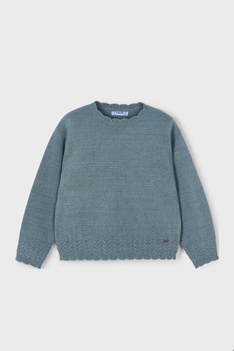 Kız Çocuk Ajur Detaylı Bisiklet Yaka Triko Kazak - Yeşil 