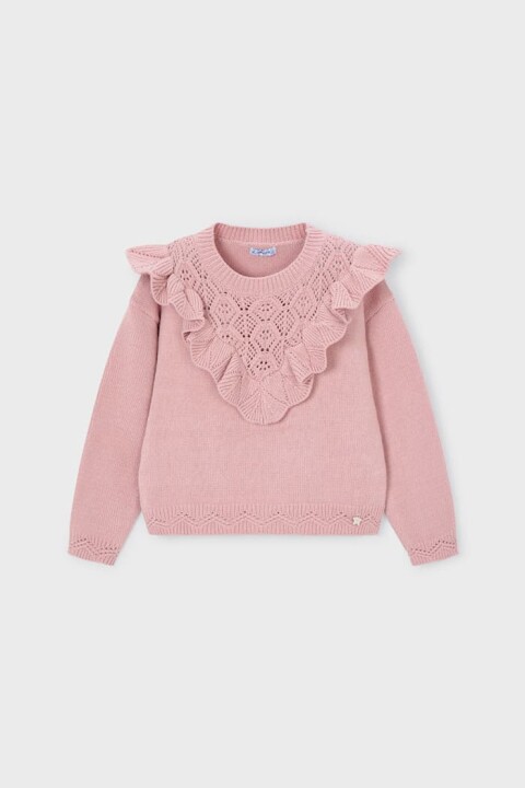 Kız Çocuk Ajurlu Fırfır Yaka Triko Kazak - Pudra Pembe 