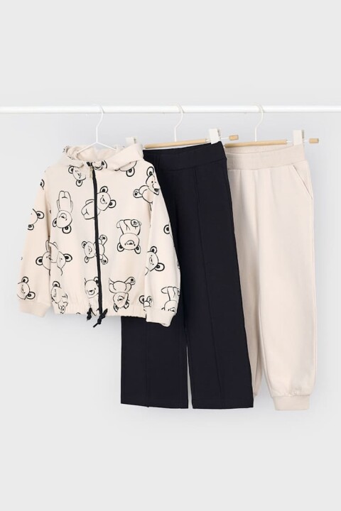 Kız Çocuk Ayı Baskılı Kapüşonlu 3 Parça Eşofman Takımı - Krem/Siyah 
