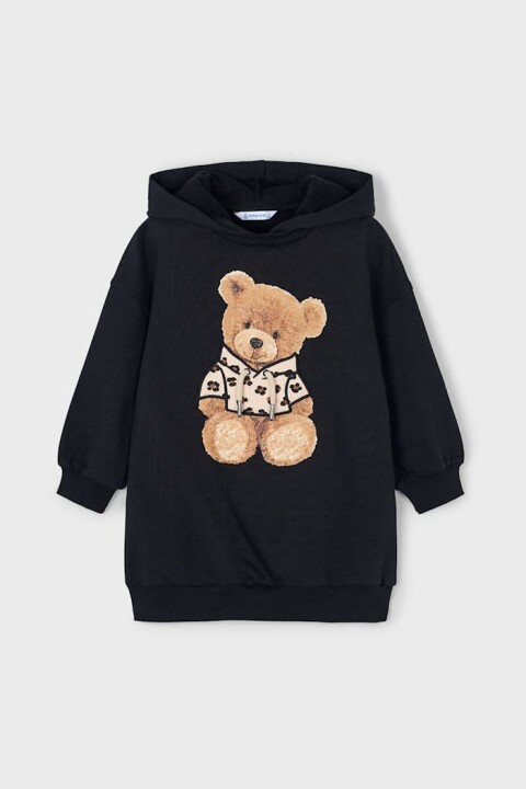 Kız Çocuk Ayı Baskılı Kapüşonlu Sweatshirt Elbise - Siyah 