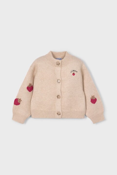 Kız Çocuk Balon Kol Çilek Nakışlı Triko Hırka - Bej 