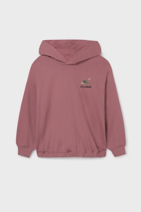 Kız Çocuk Baskılı Kapüşonlu Etek Ucu Büzgülü Sweatshirt - Gül Kurusu 