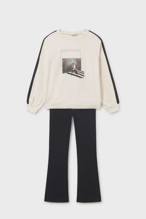 Kız Çocuk Baskılı Sweatshirt ve İspanyol Paça Taytlı Takım - Siyah/Krem 