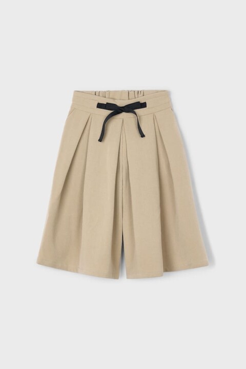 Kız Çocuk Beli Fiyonklu Pileli Midi Şort Etek - Bej 