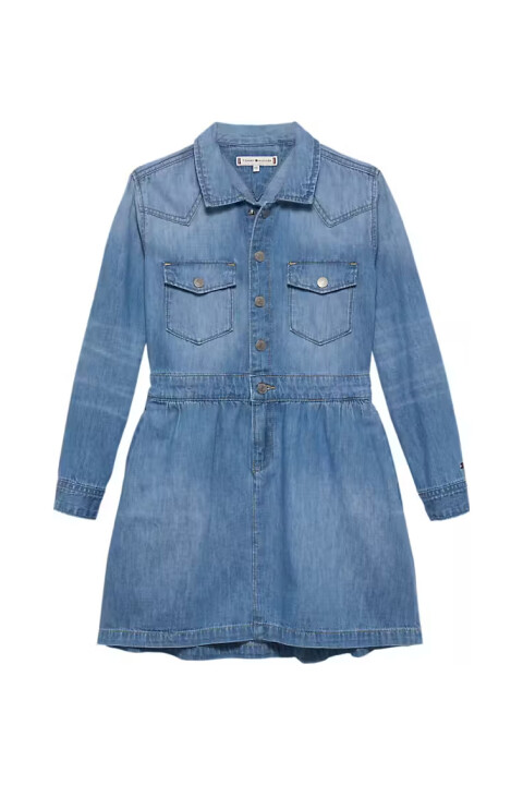 Kız Çocuk Beli Lastikli Gömlek Yaka Denim Elbise - Mavi 